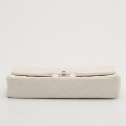 Pre Owned Chanel White Quilted Lambskin Leather East/West Classic Flap Bag
