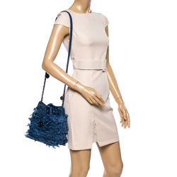 Pre Owned Chanel Blue Denim CC Fringe Drawstring Bucket Bag