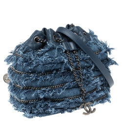 Pre Owned Chanel Blue Denim CC Fringe Drawstring Bucket Bag