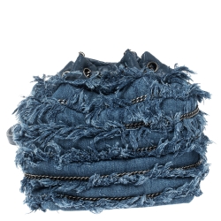 Pre Owned Chanel Blue Denim CC Fringe Drawstring Bucket Bag