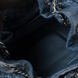 Pre Owned Chanel Blue Denim CC Fringe Drawstring Bucket Bag
