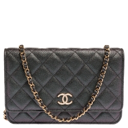 Pre Owned Chanel Holographic Quilted Caviar Leather Classic Wallet On Chain 