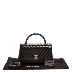 Pre Owned Chanel Black Crinkled Chevron Leather Small Coco Top Handle Bag