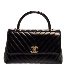 Pre Owned Chanel Black Crinkled Chevron Leather Small Coco Top Handle Bag