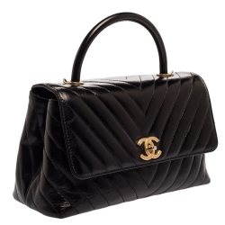 Pre Owned Chanel Black Crinkled Chevron Leather Small Coco Top Handle Bag