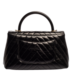 Pre Owned Chanel Black Crinkled Chevron Leather Small Coco Top Handle Bag