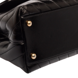 Pre Owned Chanel Black Crinkled Chevron Leather Small Coco Top Handle Bag