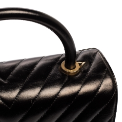 Pre Owned Chanel Black Crinkled Chevron Leather Small Coco Top Handle Bag