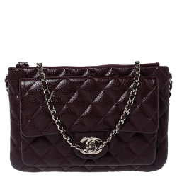 Pre Owned Chanel Dark Burgundy Quilted Caviar Leather Front Pocket Chain Bag