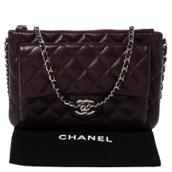 Pre Owned Chanel Dark Burgundy Quilted Caviar Leather Front Pocket Chain Bag