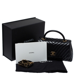 Pre Owned Chanel Black Chevron Aged Leather Small Coco Top Handle Bag