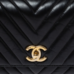 Pre Owned Chanel Black Chevron Aged Leather Small Coco Top Handle Bag