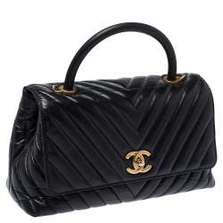 Pre Owned Chanel Black Chevron Aged Leather Small Coco Top Handle Bag