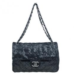 Pre Owned Chanel Black Hidden Sequins Classic Maxi Flap Bag