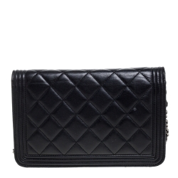 Chanel Black Quilted Leather Boy Wallet on Chain