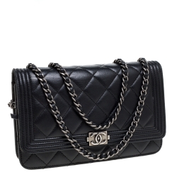 Chanel Black Quilted Leather Boy Wallet on Chain