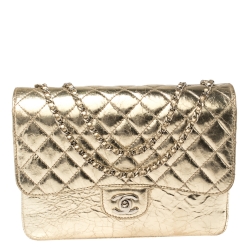 مملوكة مسبقًا Chanel Metallic Gold Crackled Leather Medium Clam's Pocket Flap Bag