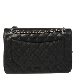 Pre Owned Chanel Black Quilted Caviar Leather Jumbo Classic Double Flap Bag