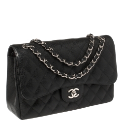Pre Owned Chanel Black Quilted Caviar Leather Jumbo Classic Double Flap Bag