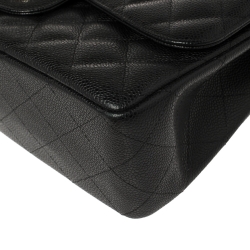 Pre Owned Chanel Black Quilted Caviar Leather Jumbo Classic Double Flap Bag