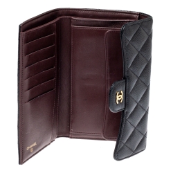 Pre Owned Chanel Black Quilted Caviar Leather Classic Flap Wallet
