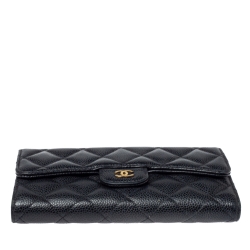 Pre Owned Chanel Black Quilted Caviar Leather Classic Flap Wallet