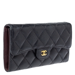 Pre Owned Chanel Black Quilted Caviar Leather Classic Flap Wallet