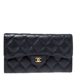 Pre Owned Chanel Black Quilted Caviar Leather Classic Flap Wallet