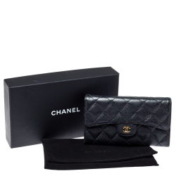 Pre Owned Chanel Black Quilted Caviar Leather Classic Flap Wallet