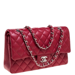 Pre Owned Chanel Red Quilted Caviar Leather Medium Classic Double Flap Bag