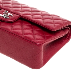 Pre Owned Chanel Red Quilted Caviar Leather Medium Classic Double Flap Bag