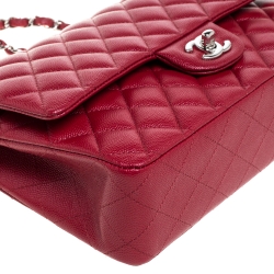 Pre Owned Chanel Red Quilted Caviar Leather Medium Classic Double Flap Bag
