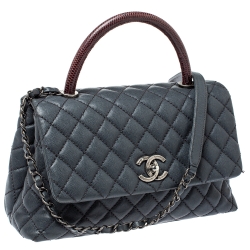 Pre Owned Chanel Grey/Burgundy Caviar Leather and Lizard Medium Coco Top Handle Bag