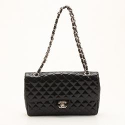 Pre Owned Chanel Black Patent Quilted Secret Label Medium Flap Bag 