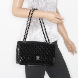 Pre Owned Chanel Black Patent Quilted Secret Label Medium Flap Bag 