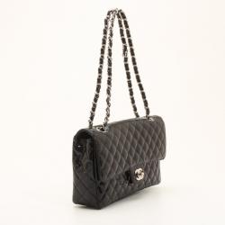 Pre Owned Chanel Black Patent Quilted Secret Label Medium Flap Bag 
