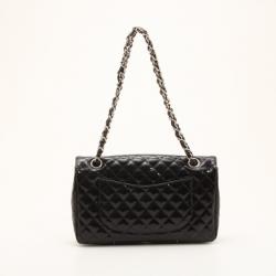 Pre Owned Chanel Black Patent Quilted Secret Label Medium Flap Bag 
