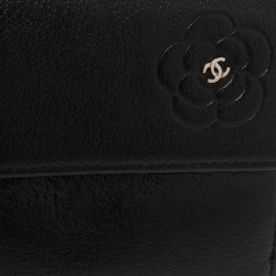 Chanel Black Leather Camellia Embossed Compact Wallet