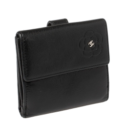 Chanel Black Leather Camellia Embossed Compact Wallet