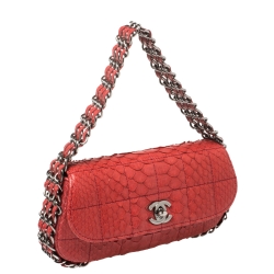Pre Owned Chanel Red Square Quilt Python Mini Multichain Flap Bag