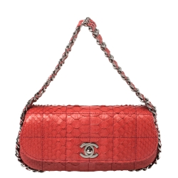Pre Owned Chanel Red Square Quilt Python Mini Multichain Flap Bag