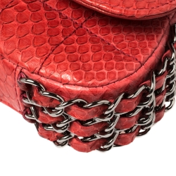 Pre Owned Chanel Red Square Quilt Python Mini Multichain Flap Bag