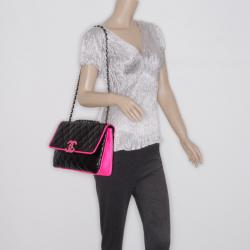 Pre Owned Chanel Black and Neon Pink Two Tone Quilted Flap Bag