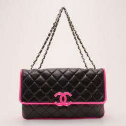 Pre Owned Chanel Black and Neon Pink Two Tone Quilted Flap Bag