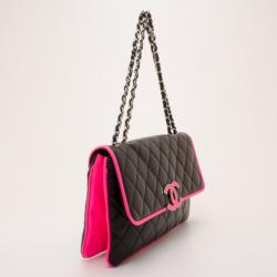 Pre Owned Chanel Black and Neon Pink Two Tone Quilted Flap Bag