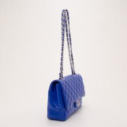 Pre Owned Chanel Electric Blue Jumbo Lambskin Flap Bag 