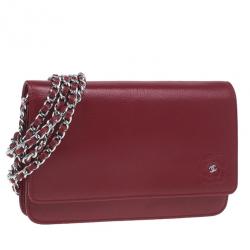 Pre Owned Chanel Red Leather Wallet on Chain Camellia Shoulder Bag