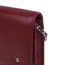 Pre Owned Chanel Red Leather Wallet on Chain Camellia Shoulder Bag