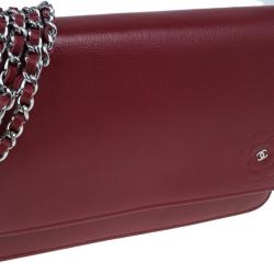 Pre Owned Chanel Red Leather Wallet on Chain Camellia Shoulder Bag