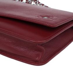 Pre Owned Chanel Red Leather Wallet on Chain Camellia Shoulder Bag